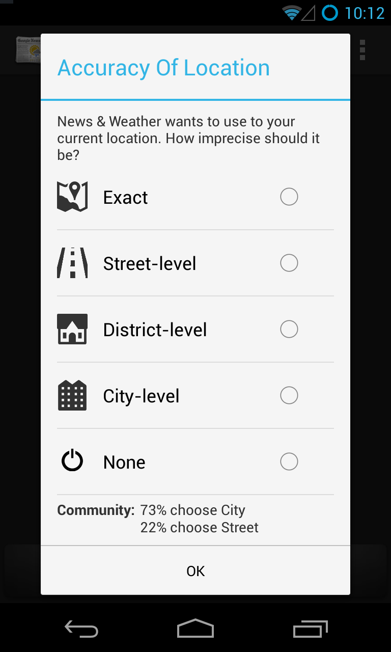 Pop-up dialog asking for location accuracy