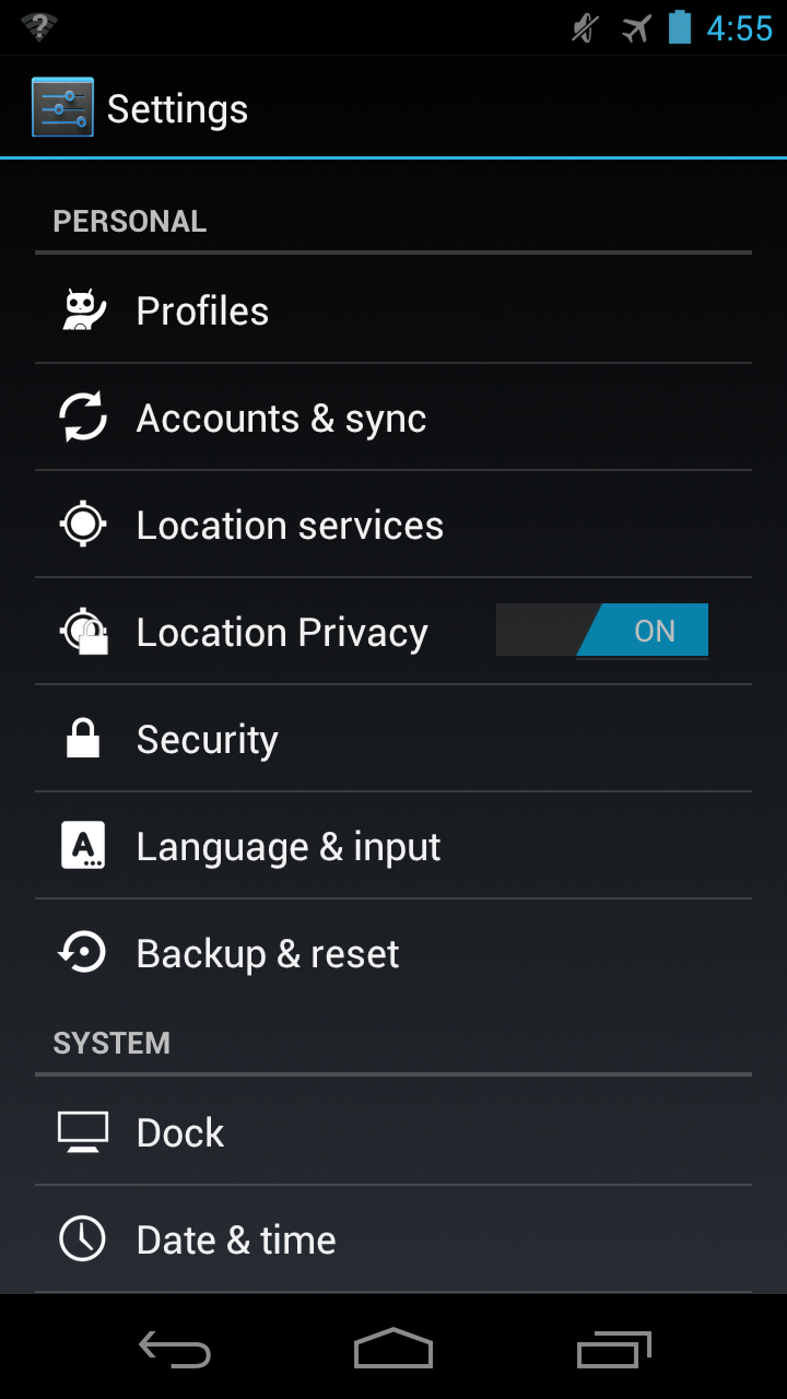 Settings app main view