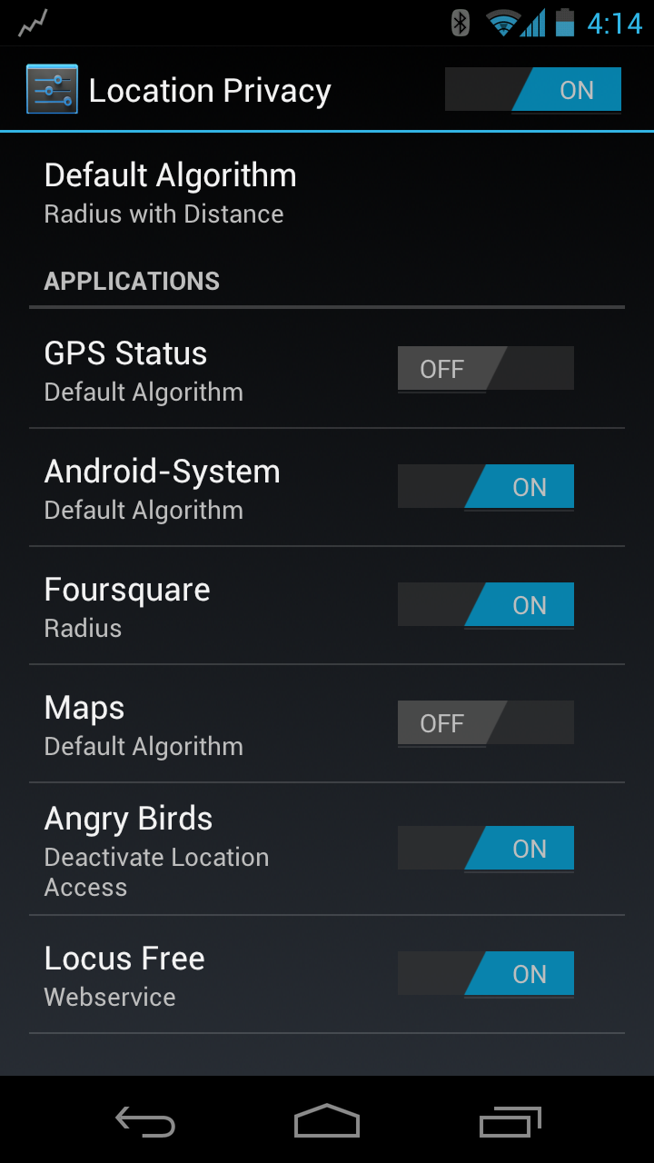 Location privacy settings sub-view
