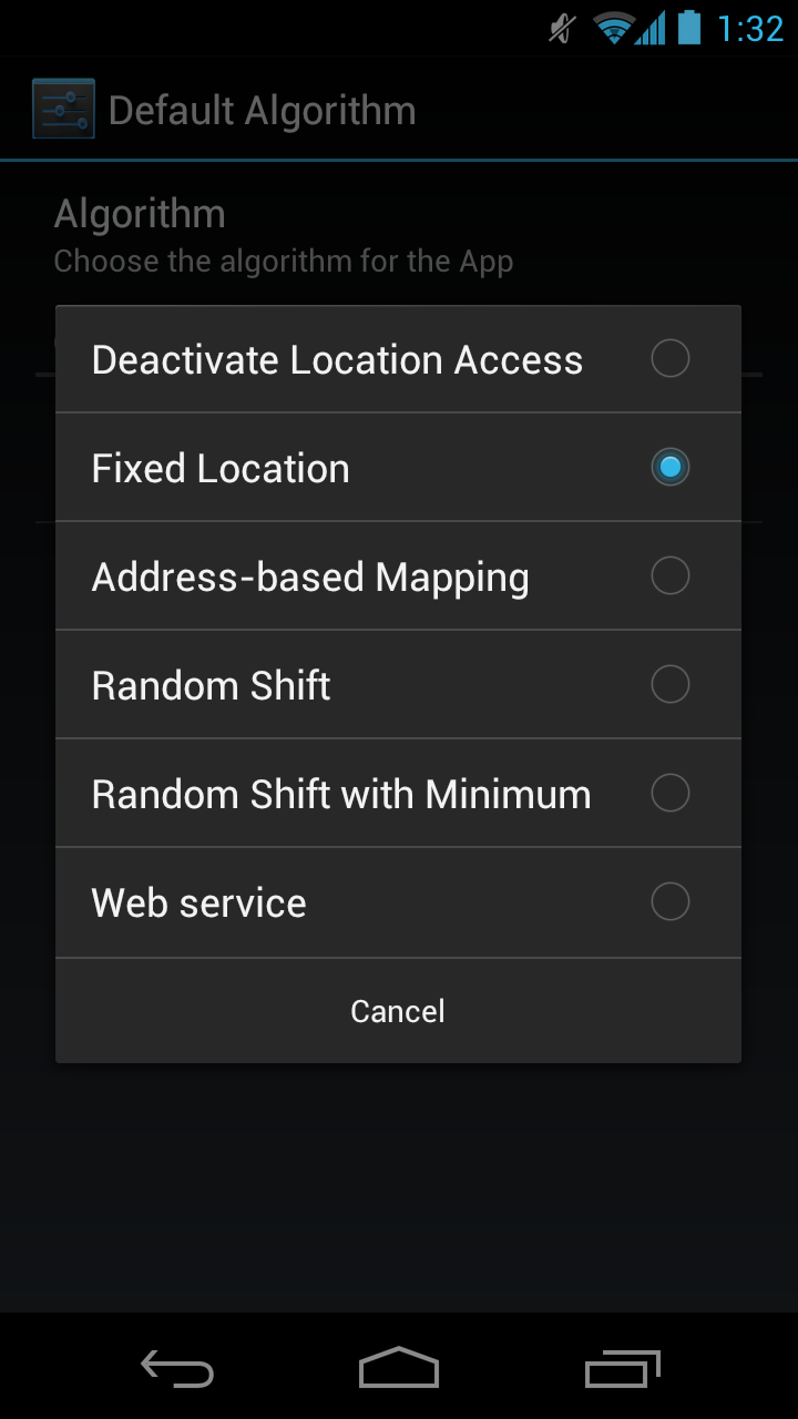 Location privacy settings: select default algorithm
