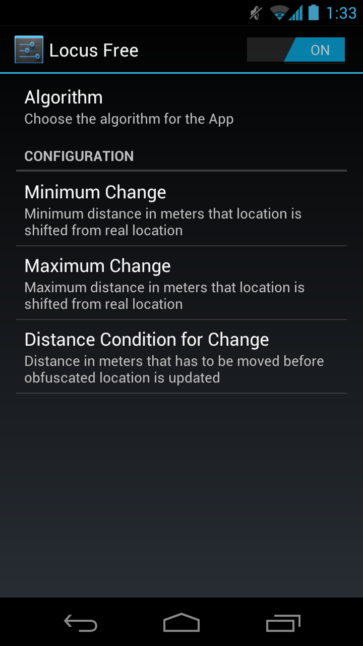 Location privacy settings: set algorithm parameters